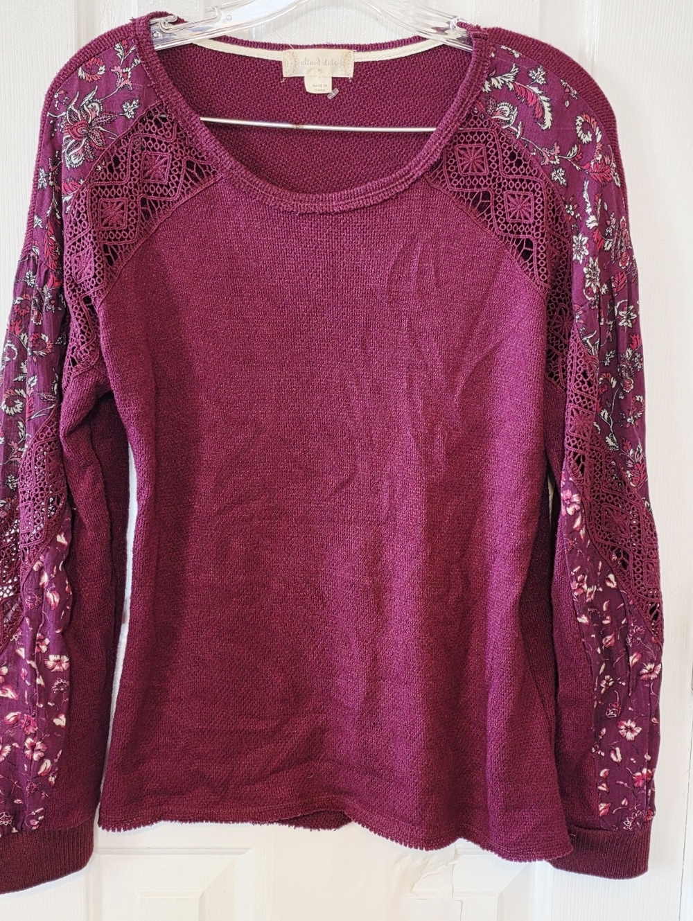 Altar'd State Deep Berry Sweatshirt Medium Crochet Embroidered Sleeve